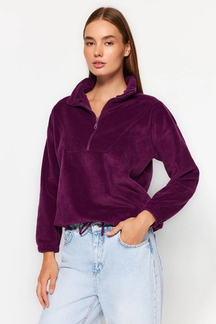 Trendyol TYZA Women's Hoodies & Sweatshirts Off-Shoulder Casual Knit Zipper Collar Plain Regular Fit Hoodies & Sweatshirts - Vogue Vista UK
