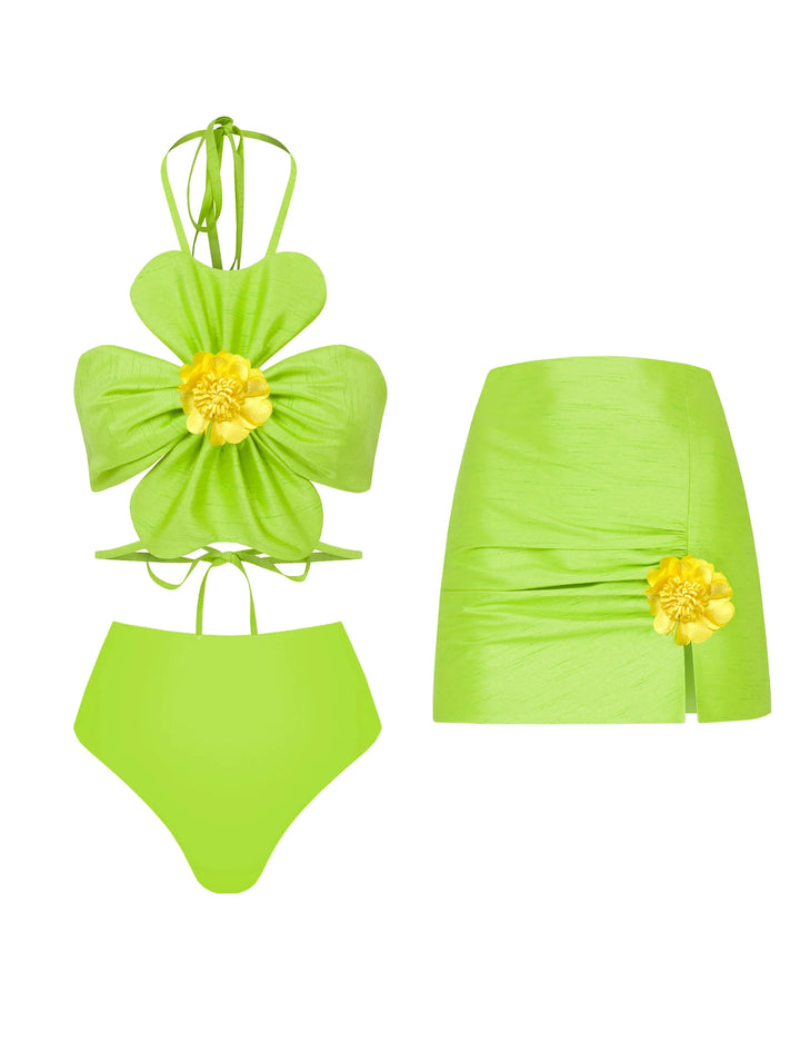New Women Two-piece Skirt Suit 3D Flower Top Skirt Sleeveless Sweet Waist Chic Slit Skirt Summer Mini Skirt - Vogue Vista UK