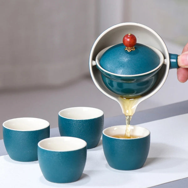 Portable Chinese Gongfu Kung Fu Tea Set 360 Rotating Teapot Ceramic Tea Maker Infuser Wooden Handle Pot Cup for Home Office - Vogue Vista UK