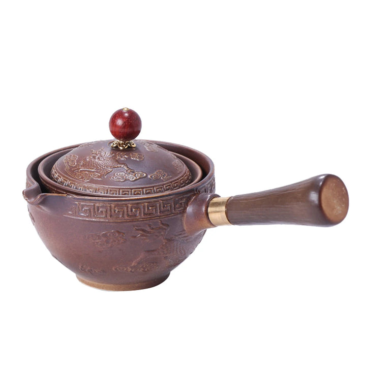 Portable Chinese Gongfu Kung Fu Tea Set 360 Rotating Teapot Ceramic Tea Maker Infuser Wooden Handle Pot Cup for Home Office - Vogue Vista UK
