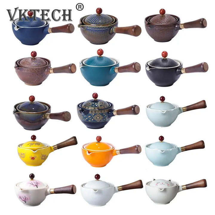 Portable Chinese Gongfu Kung Fu Tea Set 360 Rotating Teapot Ceramic Tea Maker Infuser Wooden Handle Pot Cup for Home Office - Vogue Vista UK
