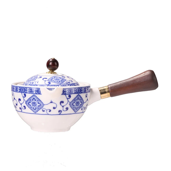 Portable Chinese Gongfu Kung Fu Tea Set 360 Rotating Teapot Ceramic Tea Maker Infuser Wooden Handle Pot Cup for Home Office - Vogue Vista UK