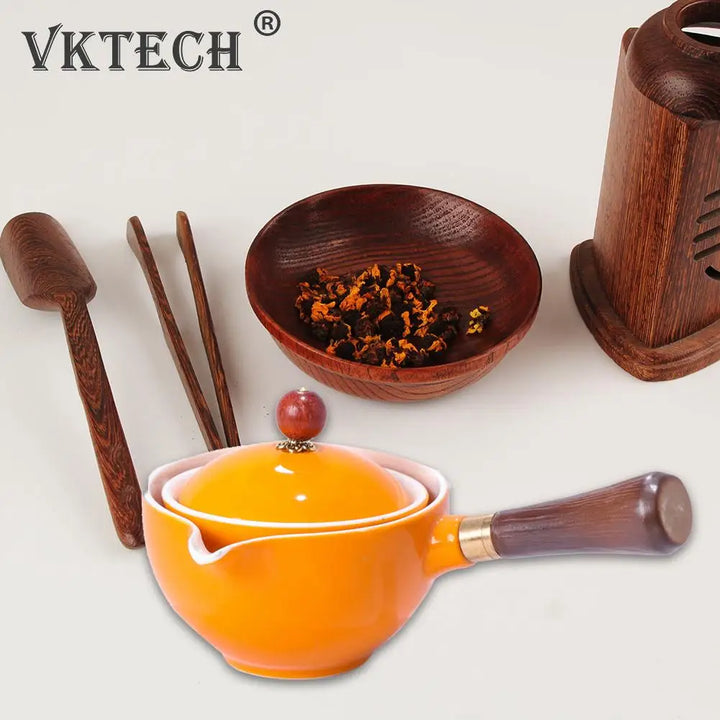Portable Chinese Gongfu Kung Fu Tea Set 360 Rotating Teapot Ceramic Tea Maker Infuser Wooden Handle Pot Cup for Home Office - Vogue Vista UK