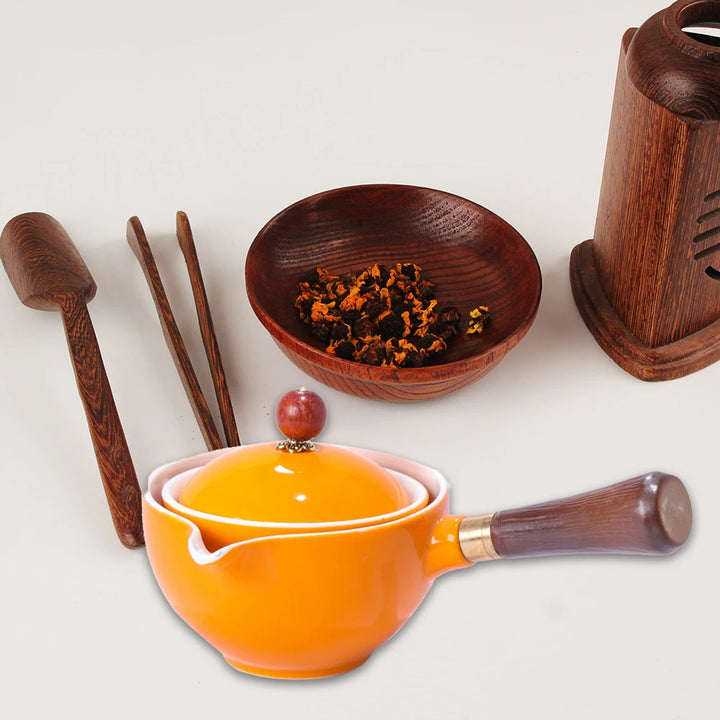Portable Chinese Gongfu Kung Fu Tea Set 360 Rotating Teapot Ceramic Tea Maker Infuser Wooden Handle Pot Cup for Home Office - Vogue Vista UK