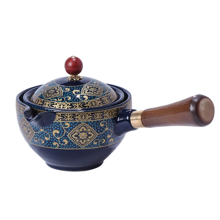 Portable Chinese Gongfu Kung Fu Tea Set 360 Rotating Teapot Ceramic Tea Maker Infuser Wooden Handle Pot Cup for Home Office - Vogue Vista UK