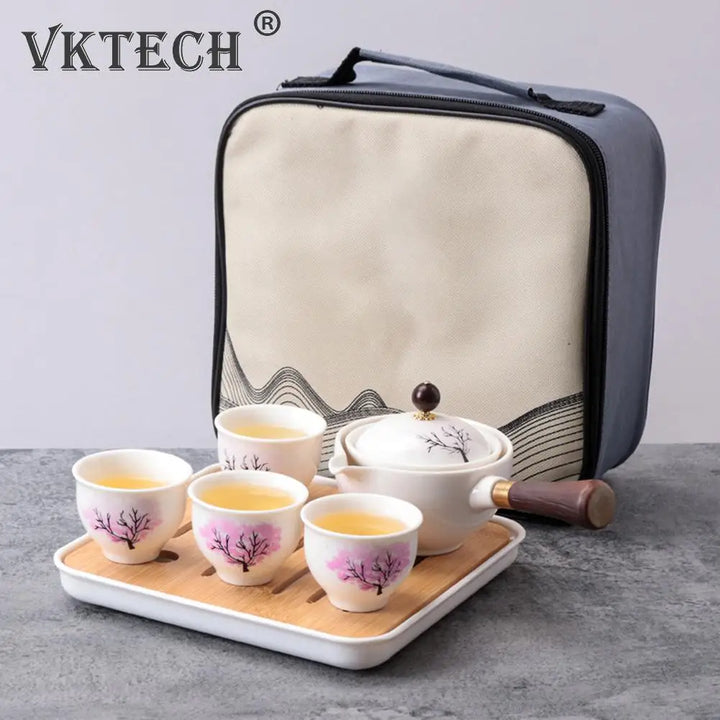 Portable Chinese Gongfu Kung Fu Tea Set 360 Rotating Teapot Ceramic Tea Maker Infuser Wooden Handle Pot Cup for Home Office - Vogue Vista UK