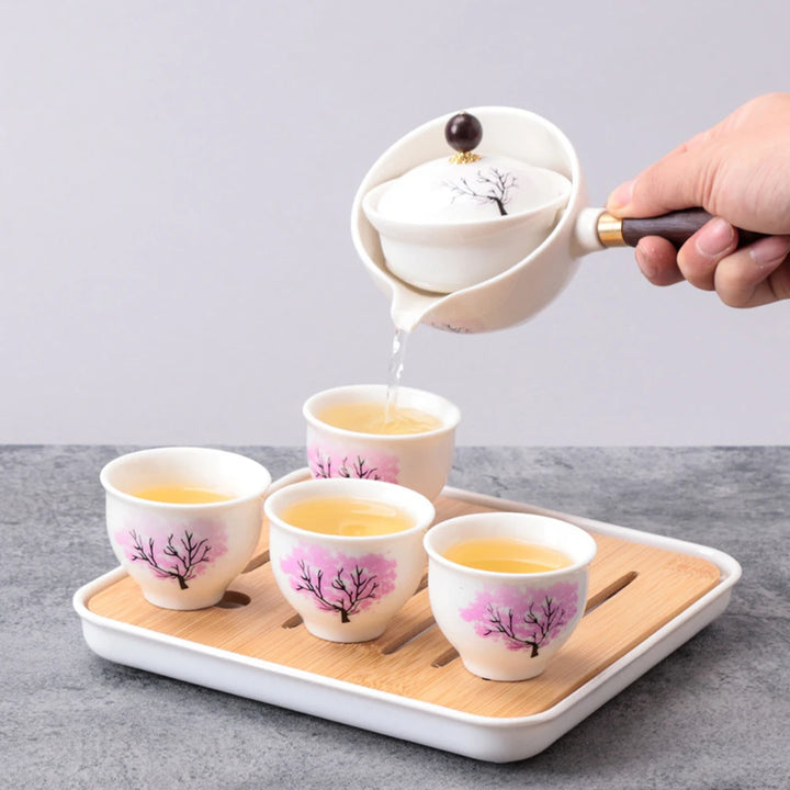 Portable Chinese Gongfu Kung Fu Tea Set 360 Rotating Teapot Ceramic Tea Maker Infuser Wooden Handle Pot Cup for Home Office - Vogue Vista UK