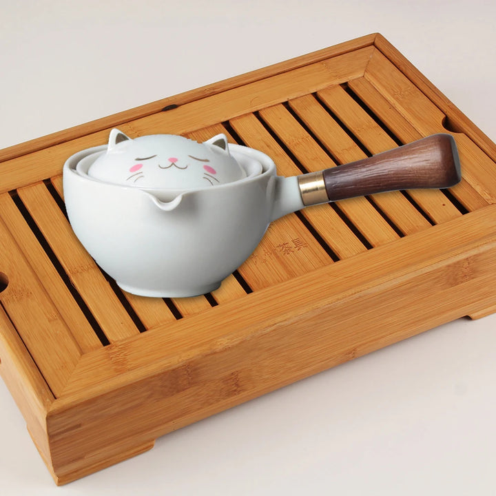Portable Chinese Gongfu Kung Fu Tea Set 360 Rotating Teapot Ceramic Tea Maker Infuser Wooden Handle Pot Cup for Home Office - Vogue Vista UK