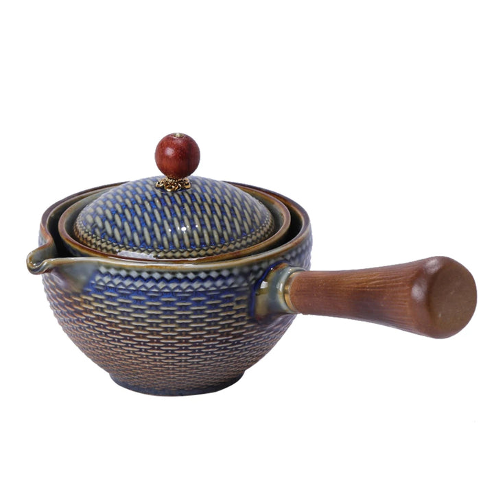 Portable Chinese Gongfu Kung Fu Tea Set 360 Rotating Teapot Ceramic Tea Maker Infuser Wooden Handle Pot Cup for Home Office - Vogue Vista UK