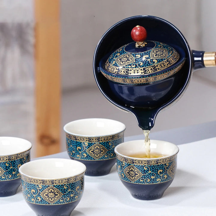 Portable Chinese Gongfu Kung Fu Tea Set 360 Rotating Teapot Ceramic Tea Maker Infuser Wooden Handle Pot Cup for Home Office - Vogue Vista UK