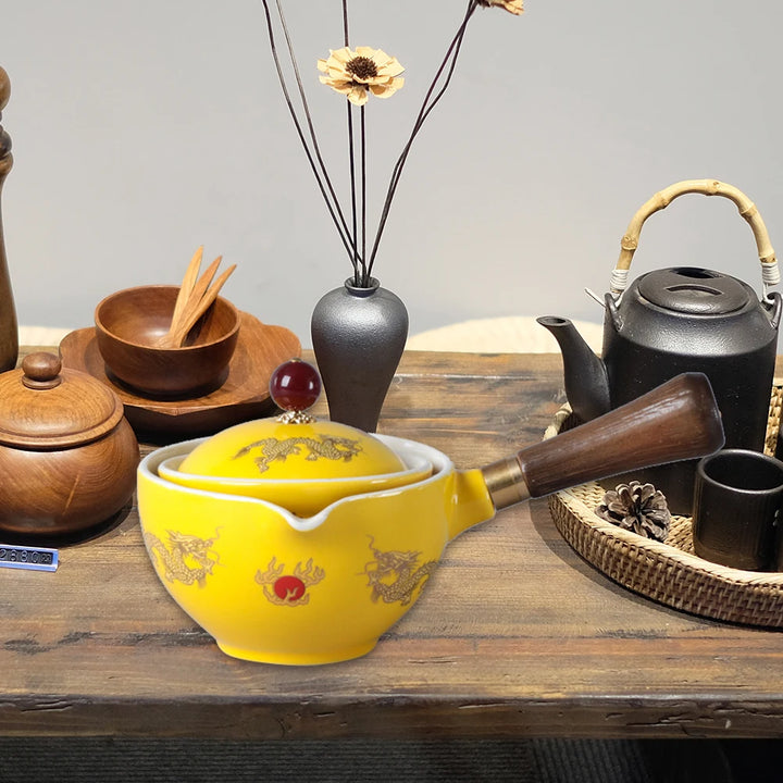 Portable Chinese Gongfu Kung Fu Tea Set 360 Rotating Teapot Ceramic Tea Maker Infuser Wooden Handle Pot Cup for Home Office - Vogue Vista UK