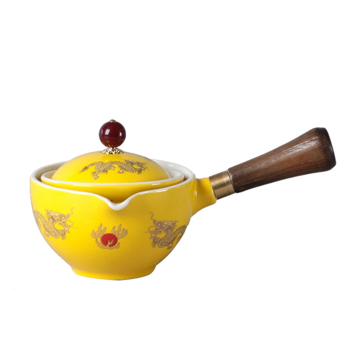 Portable Chinese Gongfu Kung Fu Tea Set 360 Rotating Teapot Ceramic Tea Maker Infuser Wooden Handle Pot Cup for Home Office - Vogue Vista UK