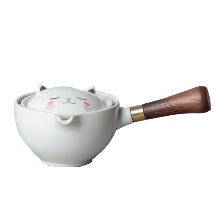 Portable Chinese Gongfu Kung Fu Tea Set 360 Rotating Teapot Ceramic Tea Maker Infuser Wooden Handle Pot Cup for Home Office - Vogue Vista UK