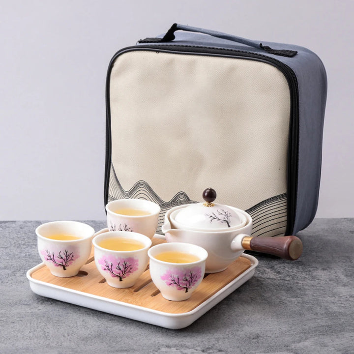 Portable Chinese Gongfu Kung Fu Tea Set 360 Rotating Teapot Ceramic Tea Maker Infuser Wooden Handle Pot Cup for Home Office - Vogue Vista UK