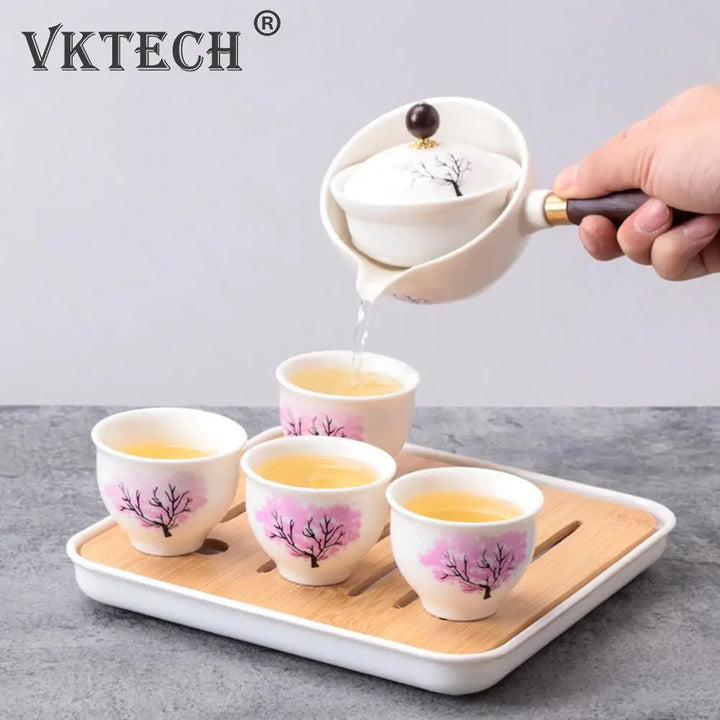 Portable Chinese Gongfu Kung Fu Tea Set 360 Rotating Teapot Ceramic Tea Maker Infuser Wooden Handle Pot Cup for Home Office - Vogue Vista UK