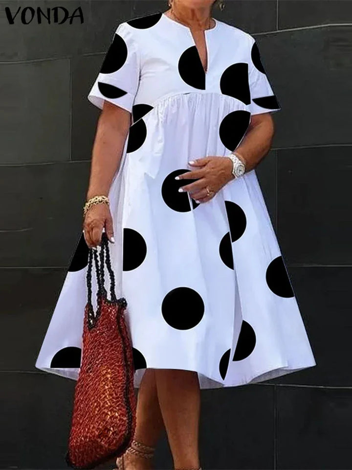 VONDA Plus Size 5XL Women Dress 2025 Summer Bohemian Polka Dot Maxi Long Dress V Neck Party Sundress Vestido Beach Robe Elegant - Vogue Vista UK