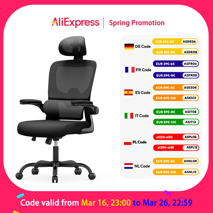 Ergonomic Office Mesh Chair, Liftable High Back Gaming Chair with 3D Lumbar Support, Swivel Desk Chair Seat Depth Adjustable - Vogue Vista UK