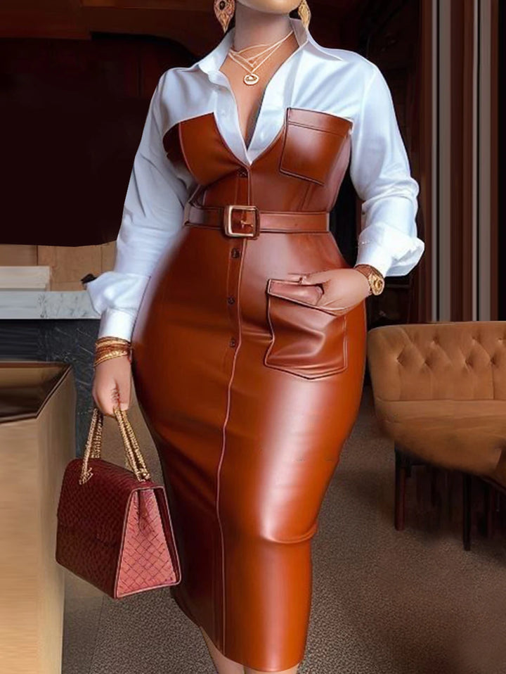 Womens Shirt Collar Dresses New Autumn Buttons Long Sleeve PU Leather Patchwork Pocket Skinny Belted Lapel Female Midi Dress - Vogue Vista UK