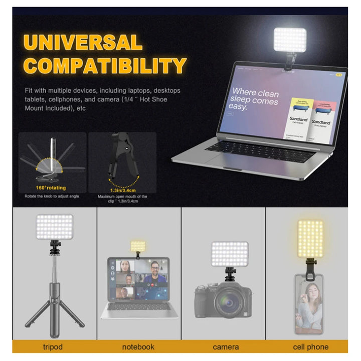 60 LED Portable Selfie Light 2200mAh Rechargeable Clip Video Conference Fill Light LED Phone Light for Phone Camera Laptop iPaid - Vogue Vista UK