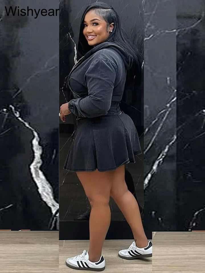 Vintage Wash Denim 2 Piece Sets Women Long Sleeve Hooded Crop Top and Pleated Skirts Suits Streetwear Matching Jeans Outfit 2025 - Vogue Vista UK