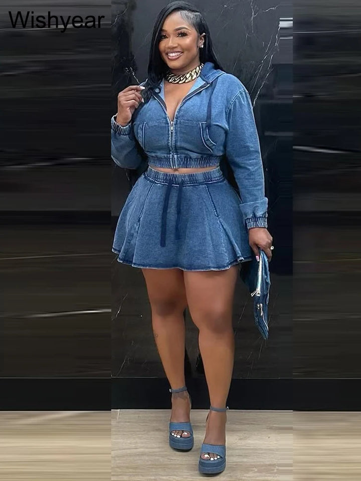 Vintage Wash Denim 2 Piece Sets Women Long Sleeve Hooded Crop Top and Pleated Skirts Suits Streetwear Matching Jeans Outfit 2025 - Vogue Vista UK