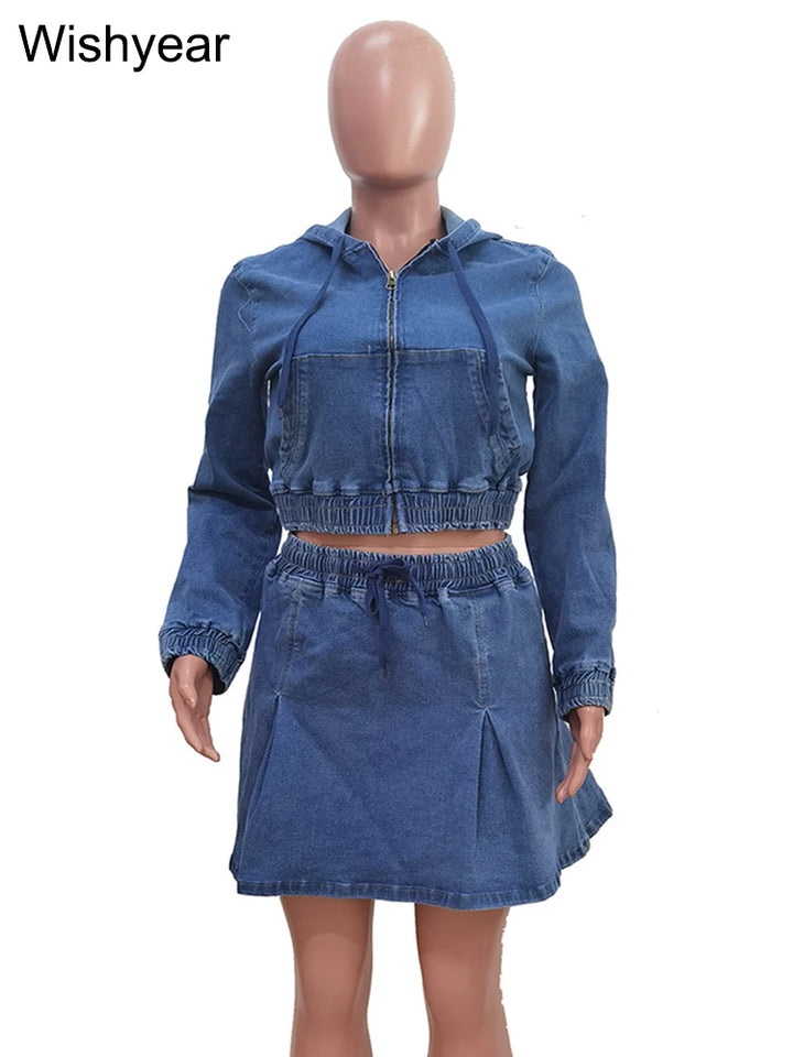 Vintage Wash Denim 2 Piece Sets Women Long Sleeve Hooded Crop Top and Pleated Skirts Suits Streetwear Matching Jeans Outfit 2025 - Vogue Vista UK