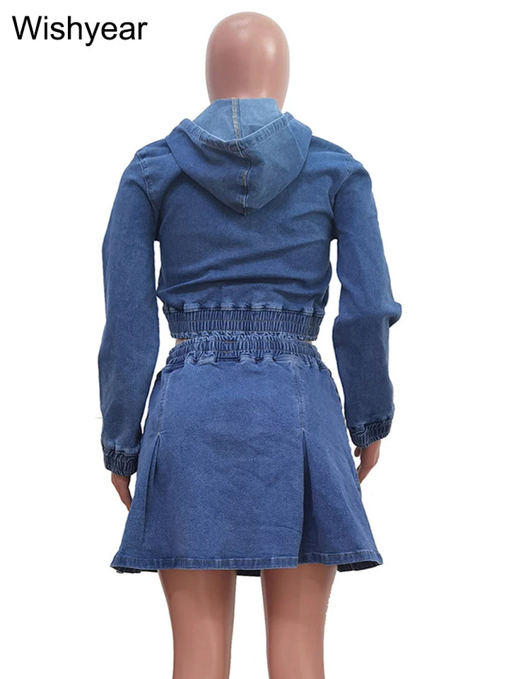 Vintage Wash Denim 2 Piece Sets Women Long Sleeve Hooded Crop Top and Pleated Skirts Suits Streetwear Matching Jeans Outfit 2025 - Vogue Vista UK
