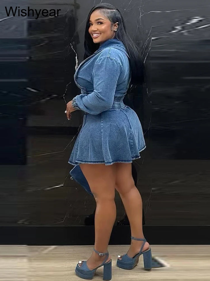 Vintage Wash Denim 2 Piece Sets Women Long Sleeve Hooded Crop Top and Pleated Skirts Suits Streetwear Matching Jeans Outfit 2025 - Vogue Vista UK