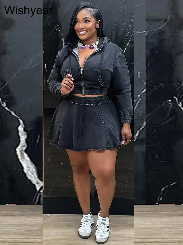 Vintage Wash Denim 2 Piece Sets Women Long Sleeve Hooded Crop Top and Pleated Skirts Suits Streetwear Matching Jeans Outfit 2025 - Vogue Vista UK