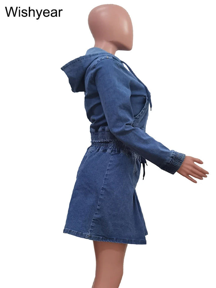 Vintage Wash Denim 2 Piece Sets Women Long Sleeve Hooded Crop Top and Pleated Skirts Suits Streetwear Matching Jeans Outfit 2025 - Vogue Vista UK