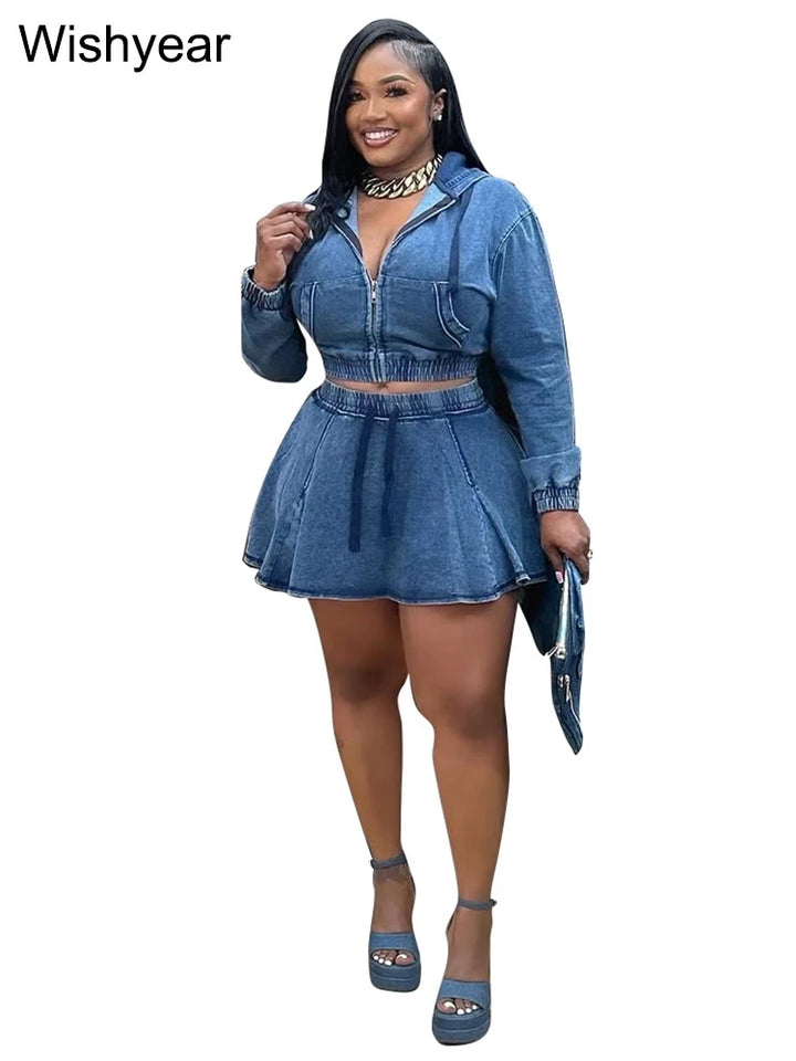 Vintage Wash Denim 2 Piece Sets Women Long Sleeve Hooded Crop Top and Pleated Skirts Suits Streetwear Matching Jeans Outfit 2025 - Vogue Vista UK