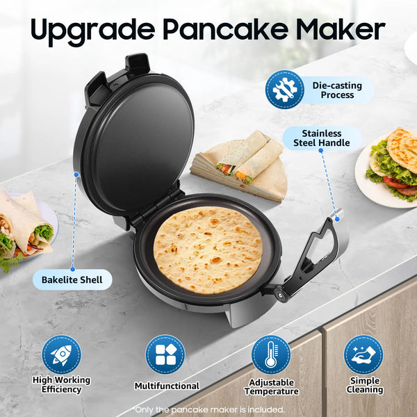 1200W Electric Chapati Maker Flat Bread Naan Tortilla Fulka Roti Press Machine, Non-stick Coating, Adjustable Thermostat - Vogue Vista UK