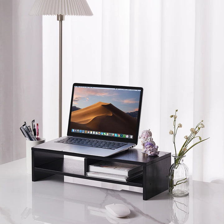 2-Tier Monitor Stand Riser with Shelf Wood Computer Stand Computer Printer Shelf for Laptop Printer PC - Vogue Vista UK