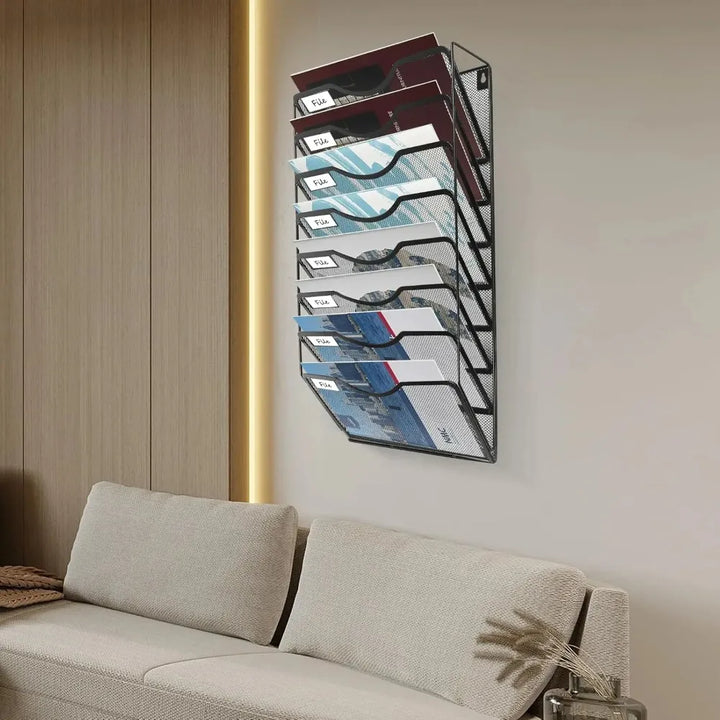 8 Tier Magazine Storage Rack A4 Wall Mounted Document Holder Wall File Holder Mail Organiser for School Office (Black) - Vogue Vista UK