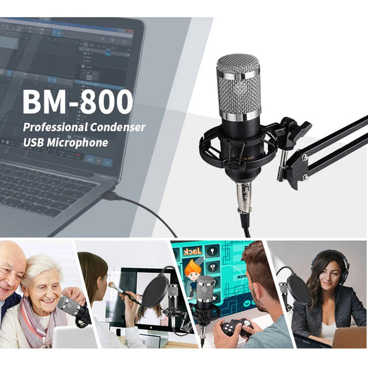 BM800 Professional Condenser Microphone Podcast Live Broadcast Equipment USB MIC Microfone Set Studio Mic with Arm Stand - Vogue Vista UK