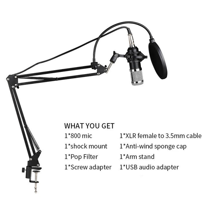 BM800 Professional Condenser Microphone Podcast Live Broadcast Equipment USB MIC Microfone Set Studio Mic with Arm Stand - Vogue Vista UK