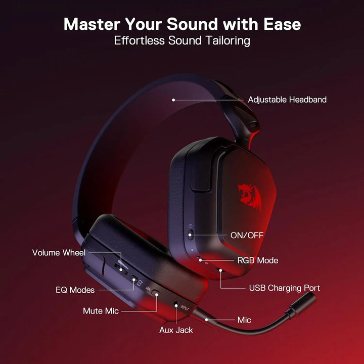 Redragon H868 3-Mode Wireless RGB Gaming Headset 7.1 Surround Sound 40 mm Drivers Noise-canceling Microphone Over-Ear Headphones - Vogue Vista UK