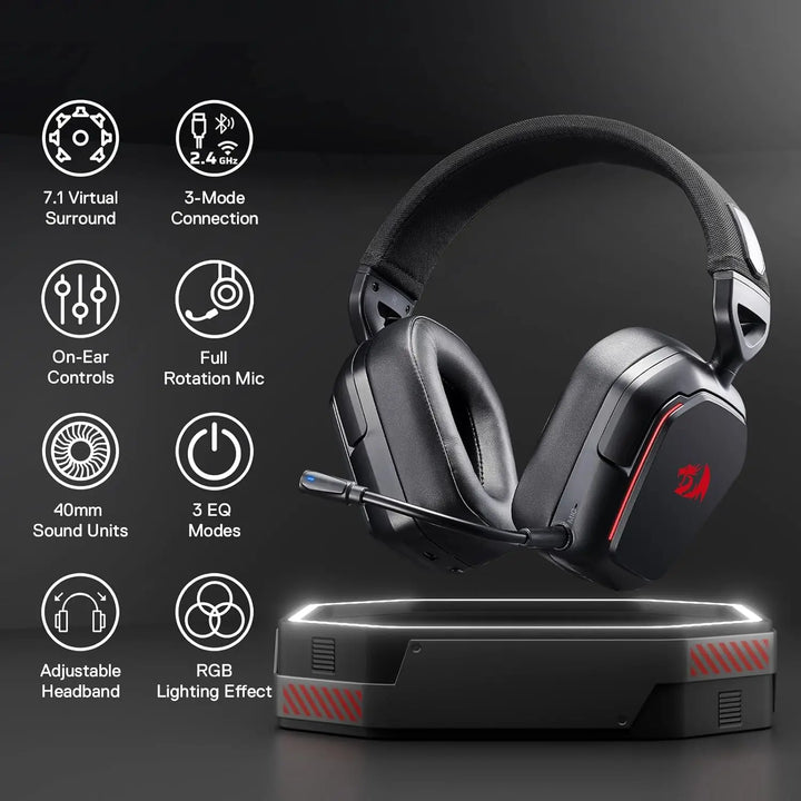 Redragon H868 3-Mode Wireless RGB Gaming Headset 7.1 Surround Sound 40 mm Drivers Noise-canceling Microphone Over-Ear Headphones - Vogue Vista UK