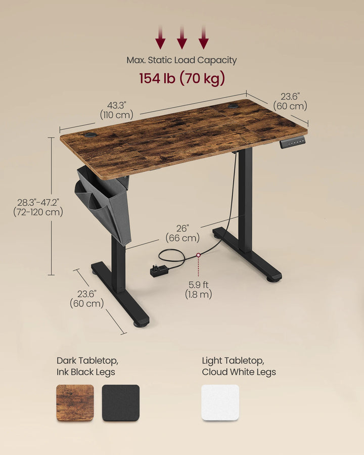 VASAGLE Electric Standing Desk, Height Adjustable Desk, 60 x 110 x (72-120) cm, 4 Memory Heights, Storage Pocket - Vogue Vista UK