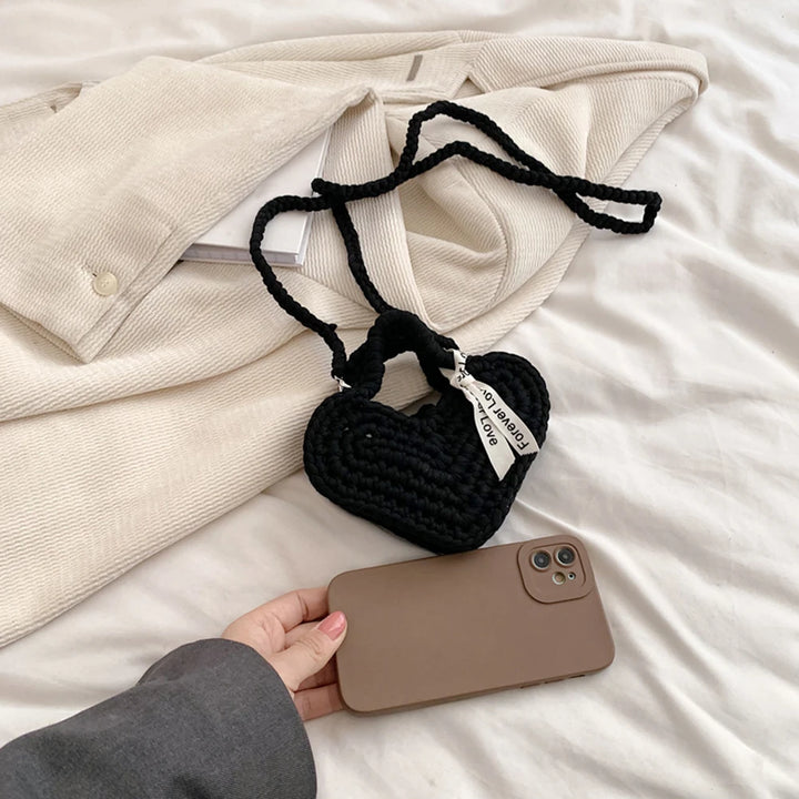 2025 New Handmade Crochet Small Handbag Peach Heart Knitted Women Clutch Purse Unique Love Shape Woven Ladies Mini Crossbody Bag - Vogue Vista UK