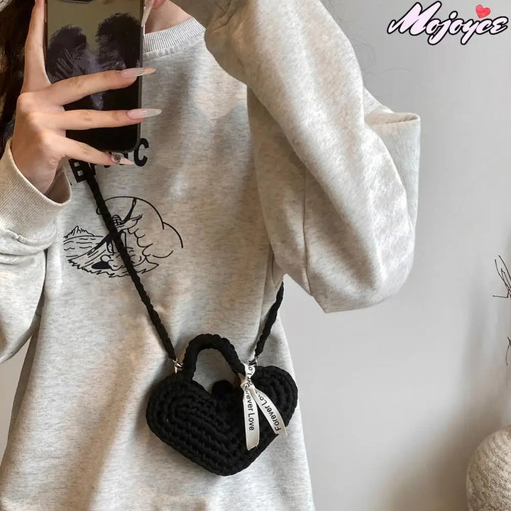 2025 New Handmade Crochet Small Handbag Peach Heart Knitted Women Clutch Purse Unique Love Shape Woven Ladies Mini Crossbody Bag - Vogue Vista UK