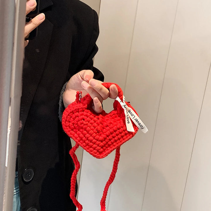 2025 New Handmade Crochet Small Handbag Peach Heart Knitted Women Clutch Purse Unique Love Shape Woven Ladies Mini Crossbody Bag - Vogue Vista UK