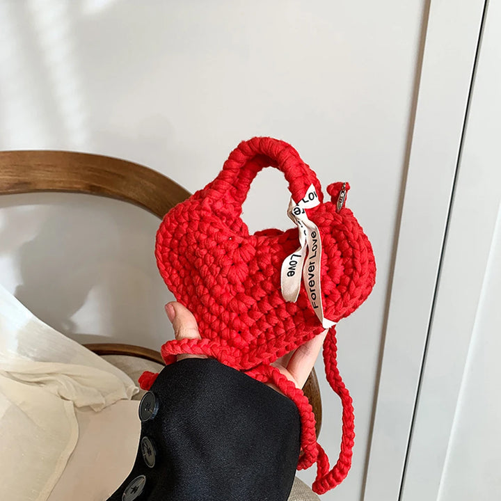2025 New Handmade Crochet Small Handbag Peach Heart Knitted Women Clutch Purse Unique Love Shape Woven Ladies Mini Crossbody Bag - Vogue Vista UK
