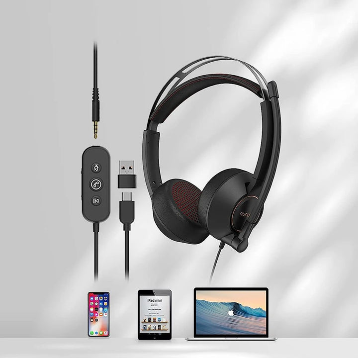 NUROUM HP11-DU Wired Headset AI-based Noise Cancelling USB Headset For Pc Laptop With Microphone - Vogue Vista UK