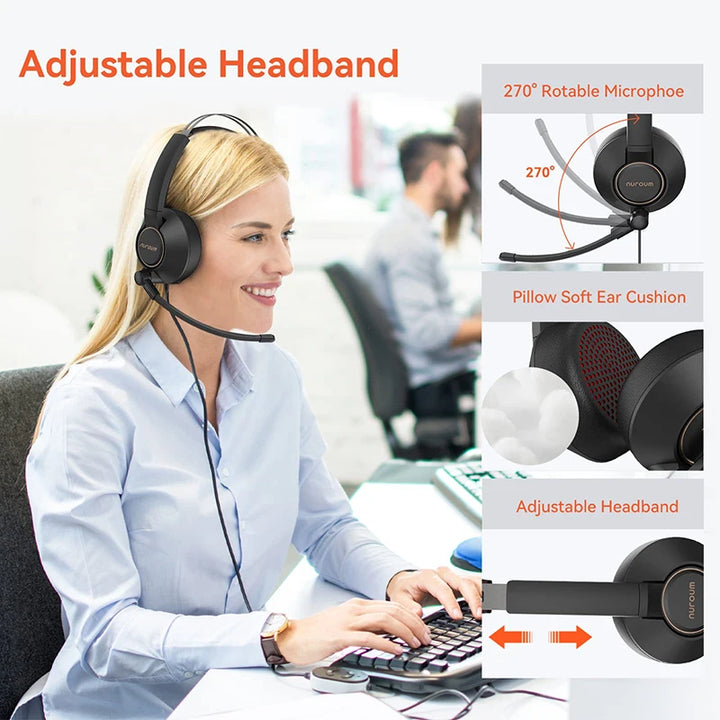 NUROUM HP11-DU Wired Headset AI-based Noise Cancelling USB Headset For Pc Laptop With Microphone - Vogue Vista UK