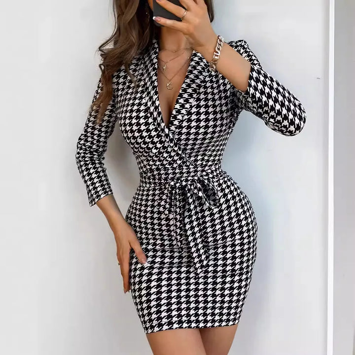 Fashion Women's Houndstooth Printed Slim Dress Sexy V-neck Lace Up Skinny Party Club Dress Temperament Elegant Bodycon Vestidos - Vogue Vista UK