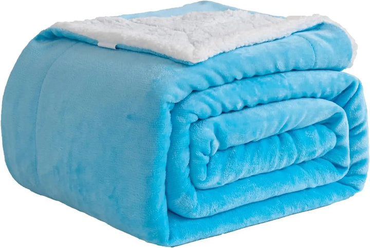 Double Layered Sherpa Fleece Flannel Blanket: Soft, Reversible Microfiber Throw for Bed, Couch, and Travel - 150x200cm (Blue) - Vogue Vista UK