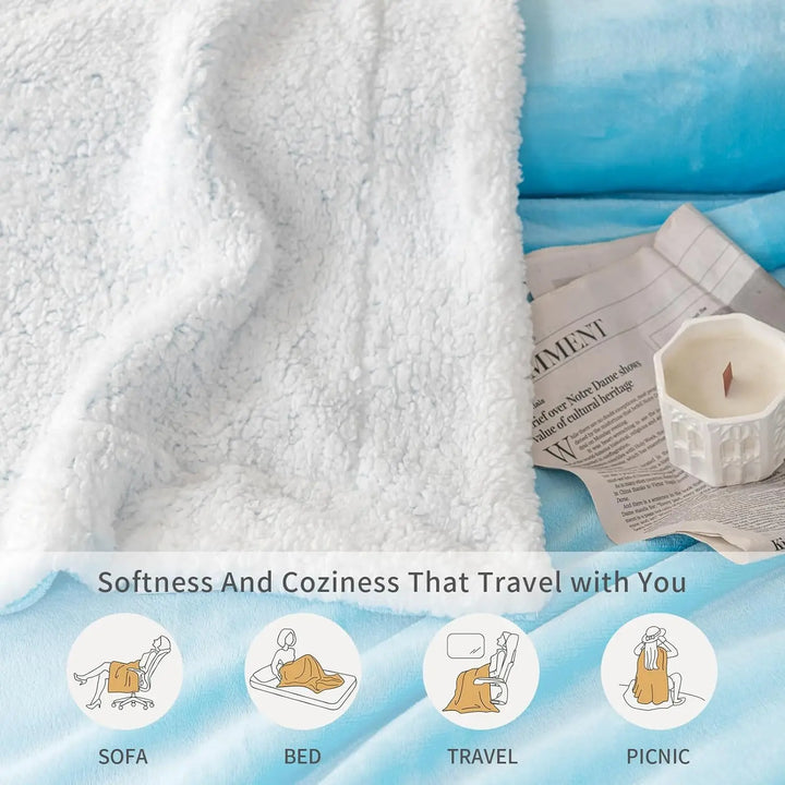 Double Layered Sherpa Fleece Flannel Blanket: Soft, Reversible Microfiber Throw for Bed, Couch, and Travel - 150x200cm (Blue) - Vogue Vista UK