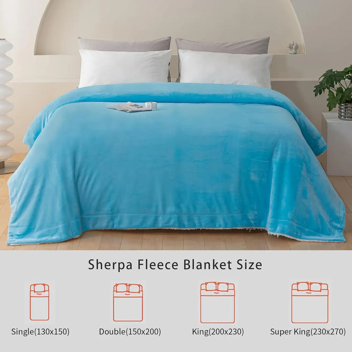 Double Layered Sherpa Fleece Flannel Blanket: Soft, Reversible Microfiber Throw for Bed, Couch, and Travel - 150x200cm (Blue) - Vogue Vista UK