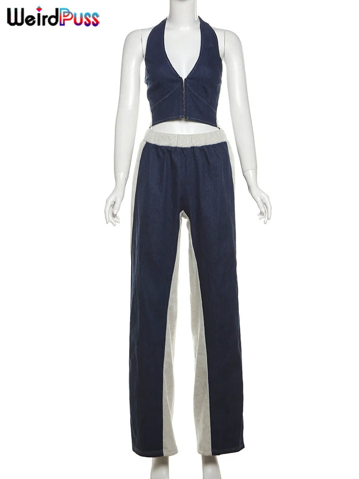 Weird Puss Sporty Women 2 Piece Set Tracksuit Zip Halter Single-Breasted Tank Tops+Straight Pants Matching Streetwear Outfits - Vogue Vista UK